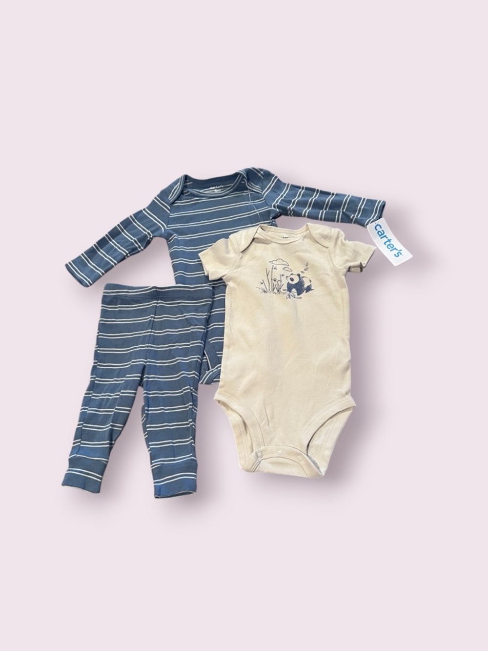 NWT Carter's Baby Set in Blue Stripe and Cream Panda Detail Size 6 Months